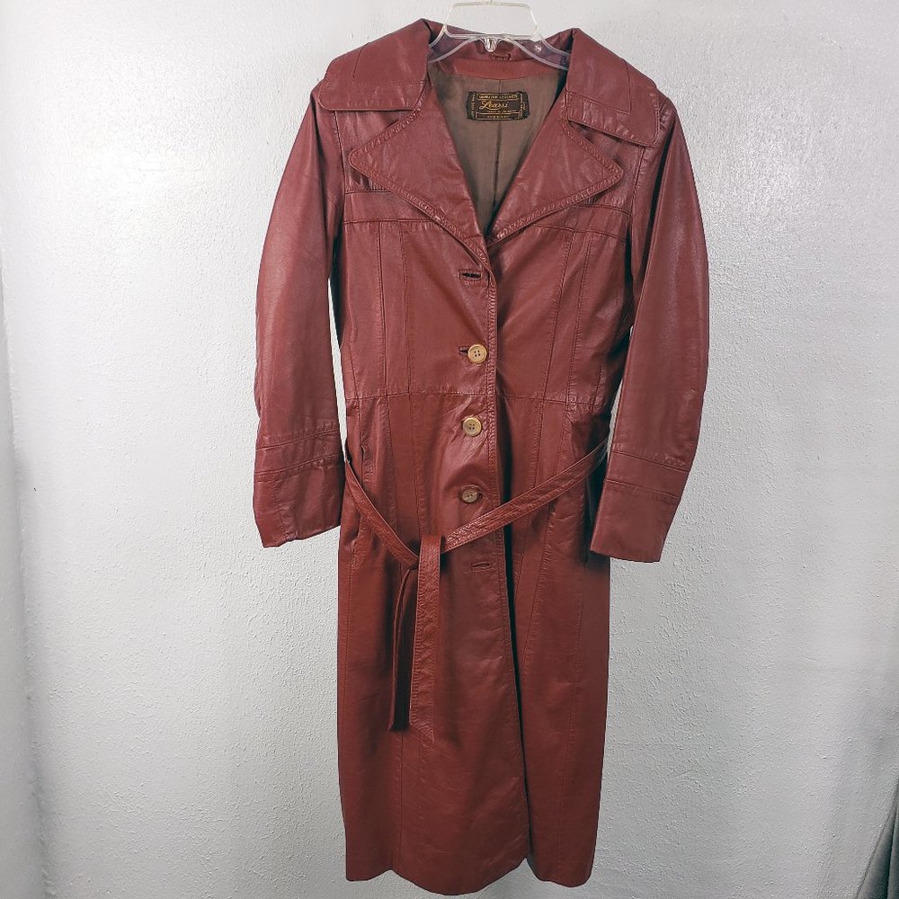 Learsi Women's Leather Button Down Belted Lined Vintage Trench Coat Duster